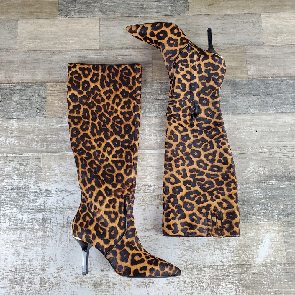 Michael Kors Katerina Womens Tall Boots Sz 5.5 Butterscotch Leopard Animal Print